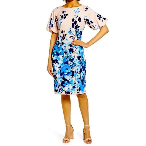 NWT Eliza J Blush Pink with Blue Floral Print Bubble Sleeve Sheath Dress Size 4 - Picture 1 of 10